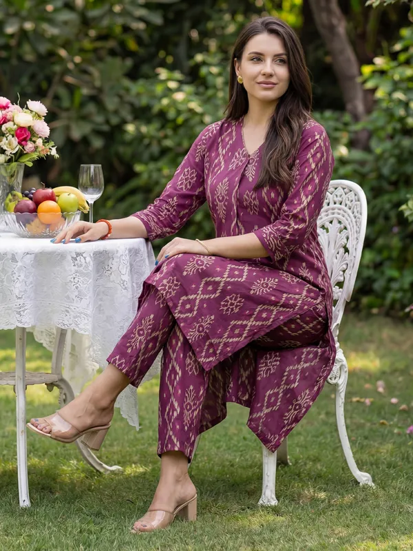Burgundy_Printed_Pure_Cotton_Kurta_Trouser_Set