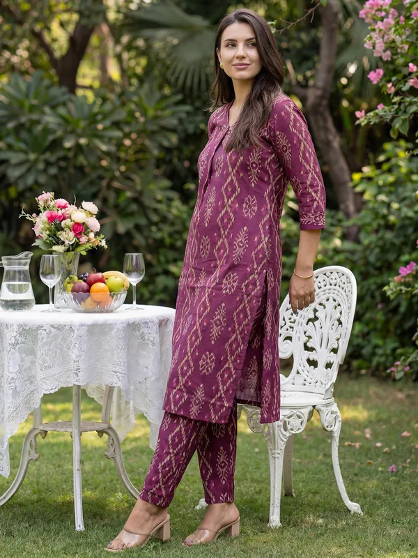 Burgundy_Printed_Pure_Cotton_Kurta_Trouser_Set