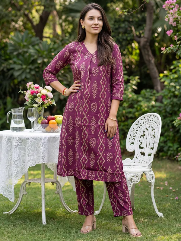 Burgundy_Printed_Pure_Cotton_Kurta_Trouser_Set