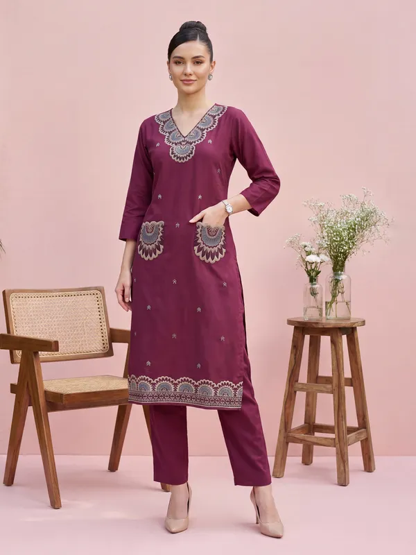 Burgundy_Printed_Pure_Cotton_Kurta_Trouser_Set