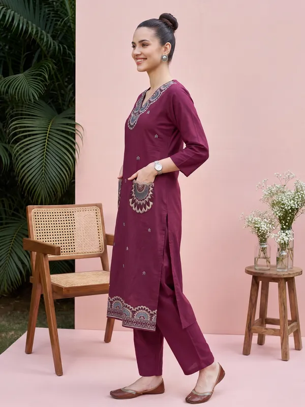 Burgundy_Printed_Pure_Cotton_Kurta_Trouser_Set