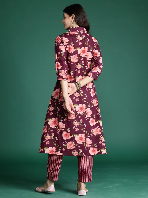 Burgundy_Printed_Pure_Cotton_Kurta_Trouser_Set