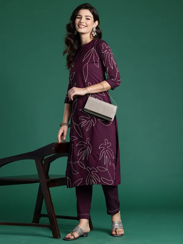 Burgundy_Embroidered_Pure_Cotton_Kurta_Trouser_Set