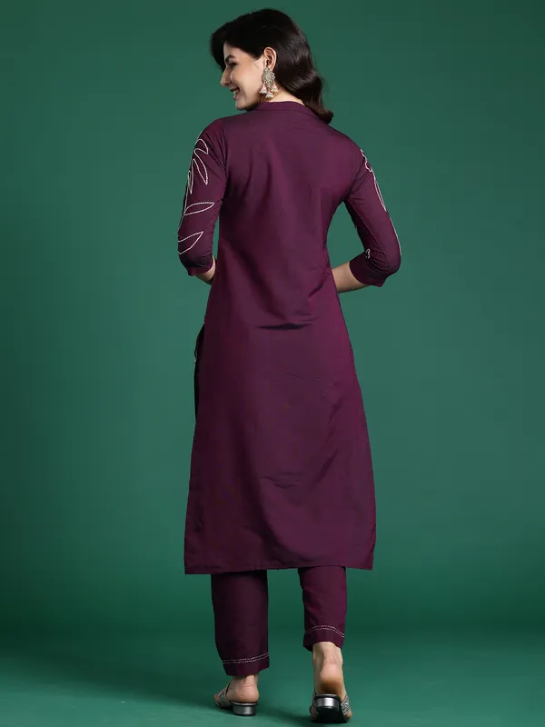 Burgundy_Embroidered_Pure_Cotton_Kurta_Trouser_Set