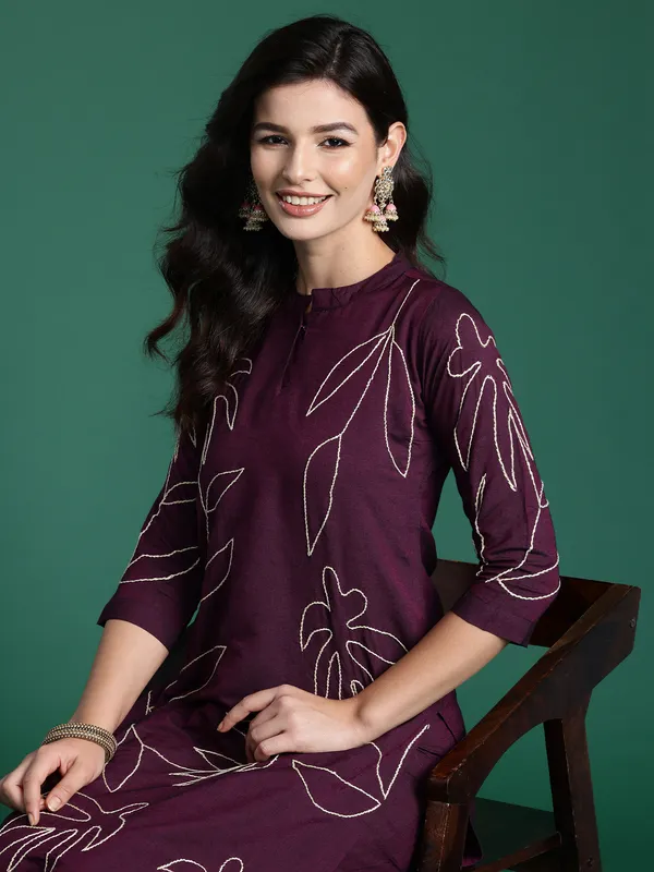 Burgundy_Embroidered_Pure_Cotton_Kurta_Trouser_Set