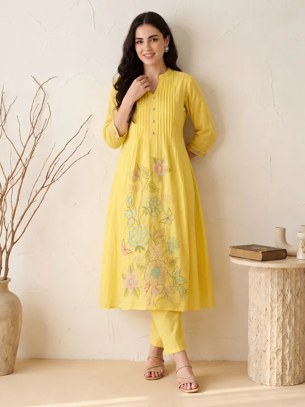 Yellow_Embroidered_Pure_Cotton_Kurta_Trouser_Dupatta_Set