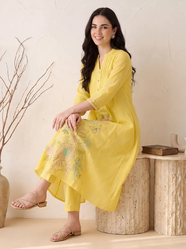 Yellow_Embroidered_Pure_Cotton_Kurta_Trouser_Dupatta_Set