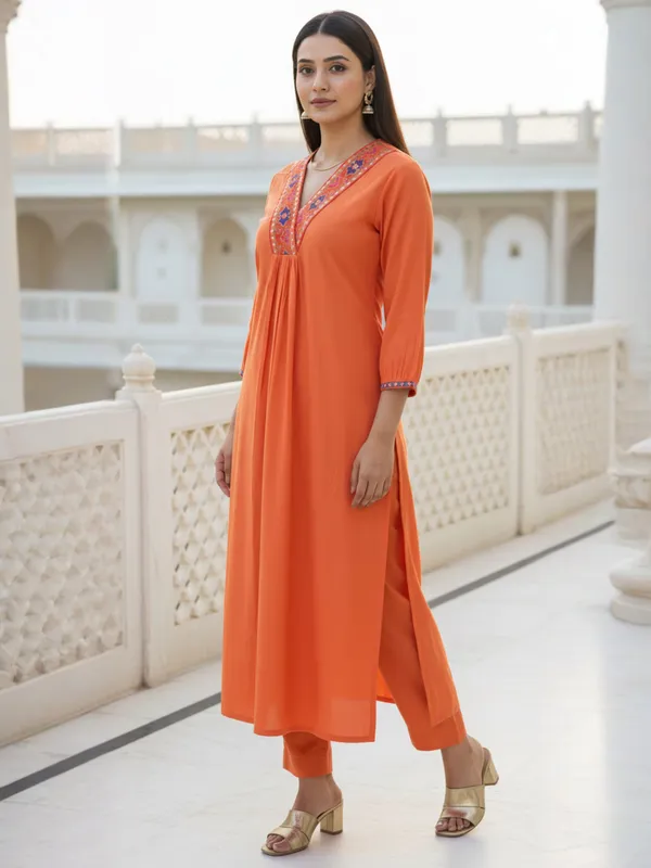 Orange_Embroidered_Liva_Kurta_Trouser_Set