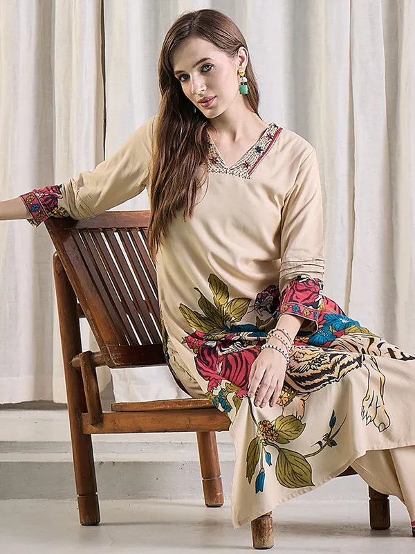 Beige_Printed_Viscose_Rayon_Kurta_Trouser_Set