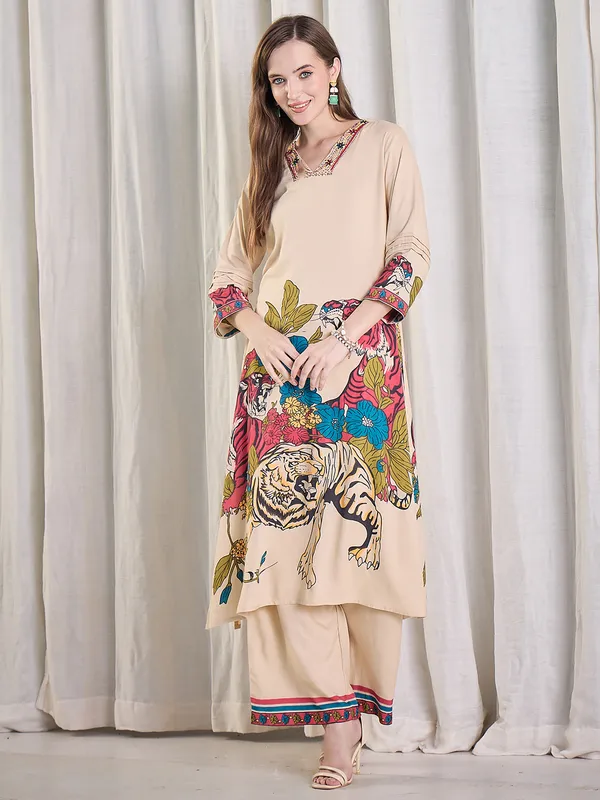 Beige_Printed_Viscose_Rayon_Kurta_Trouser_Set