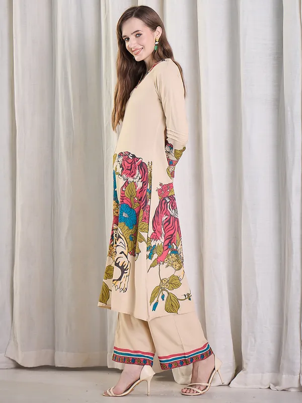 Beige_Printed_Viscose_Rayon_Kurta_Trouser_Set