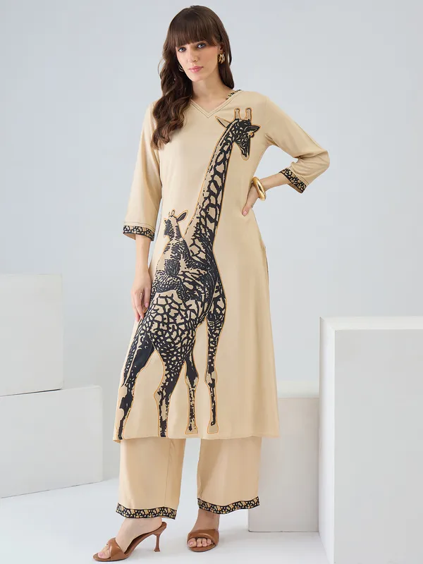 Beige_Printed_Viscose_Rayon_Kurta_Trouser_Set