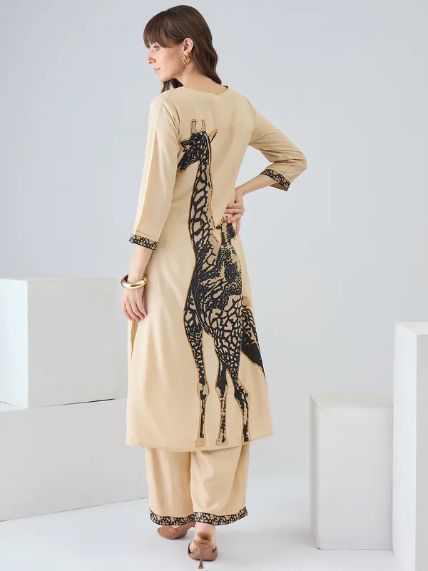 Beige_Printed_Viscose_Rayon_Kurta_Trouser_Set
