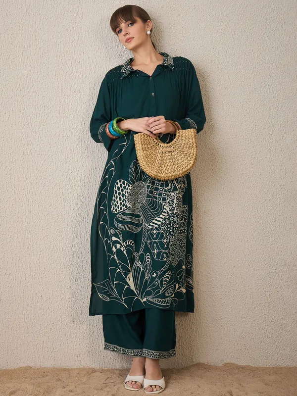 Green_Printed_Viscose_Rayon_Kurta_Trouser_Set