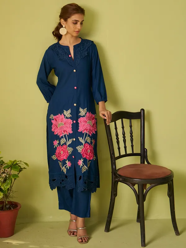 Blue_Embroidered_Viscose_Rayon_Kurta_Trouser_Set