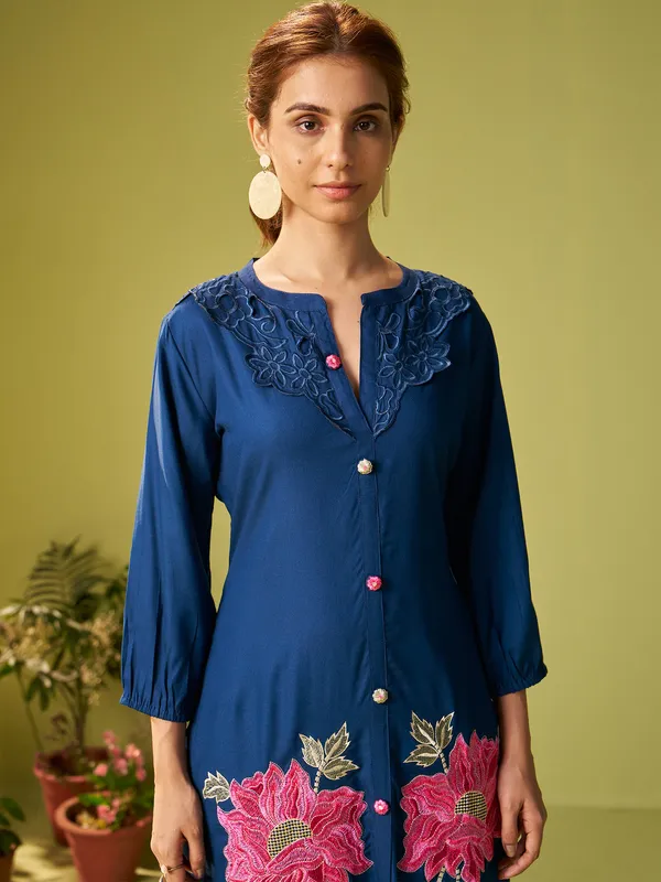 Blue_Embroidered_Viscose_Rayon_Kurta_Trouser_Set
