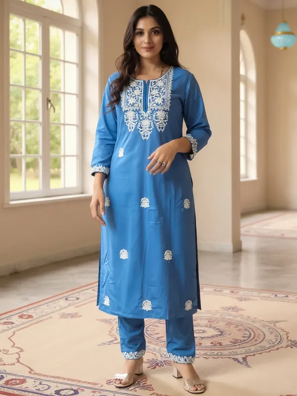 Blue_Embroidered_Viscose_Rayon_Kurta_Trouser_Set