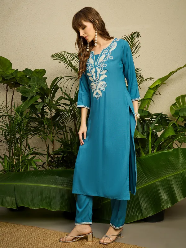 Blue_Embroidered_Viscose_Rayon_Kurta_Trouser_Set