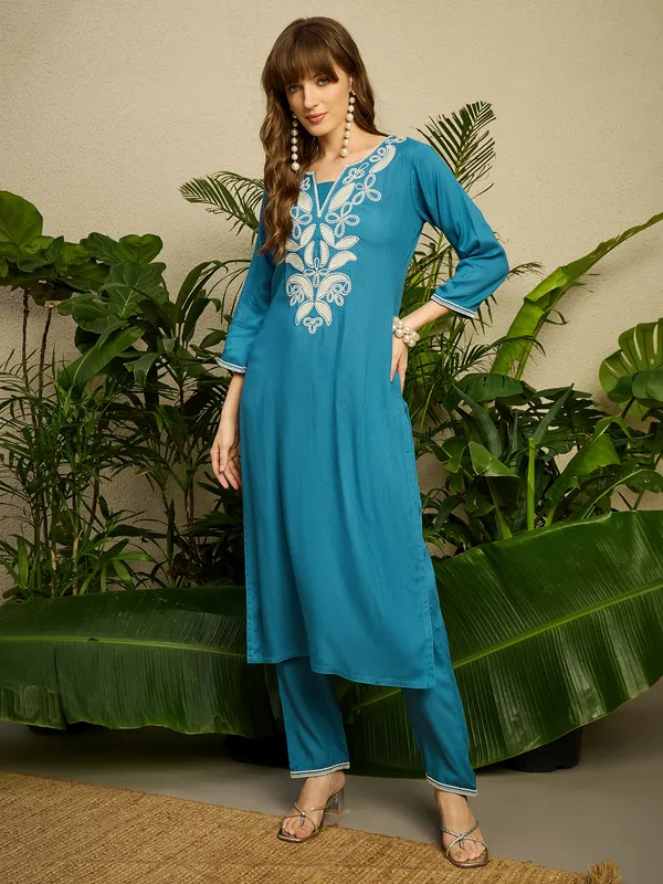 Blue_Embroidered_Viscose_Rayon_Kurta_Trouser_Set