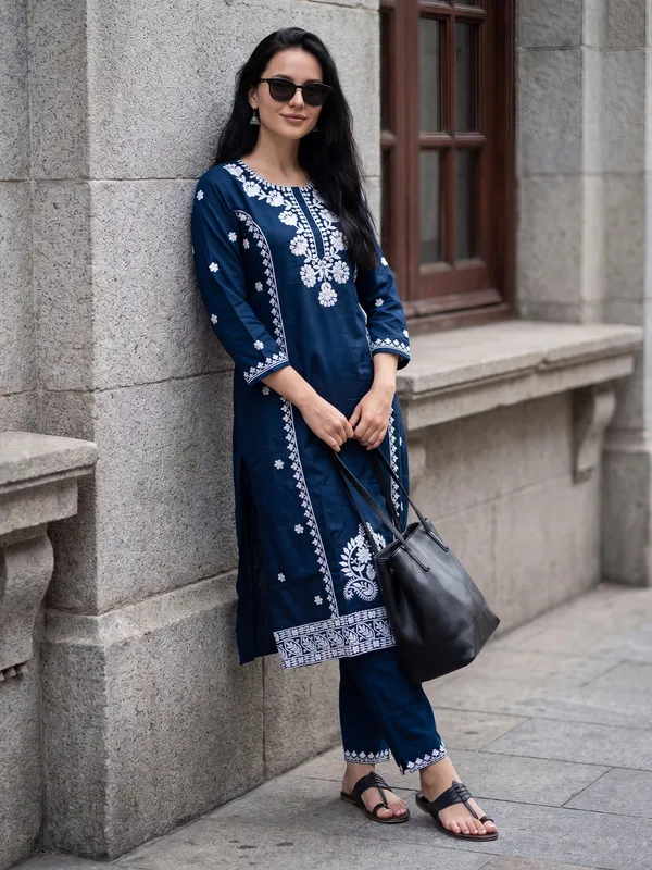 Blue_Embroidered_Viscose_Rayon_Kurta_Trouser_Set