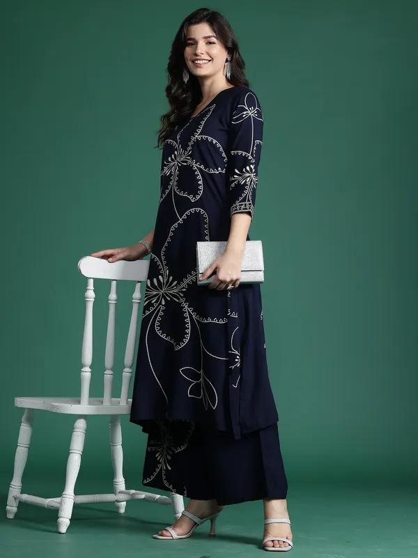 Blue_Embroidered_Viscose_Rayon_Kurta_Trouser_Set