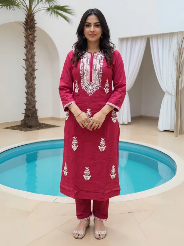Maroon_Embroidered_Viscose_Rayon_Kurta_Trouser_Set