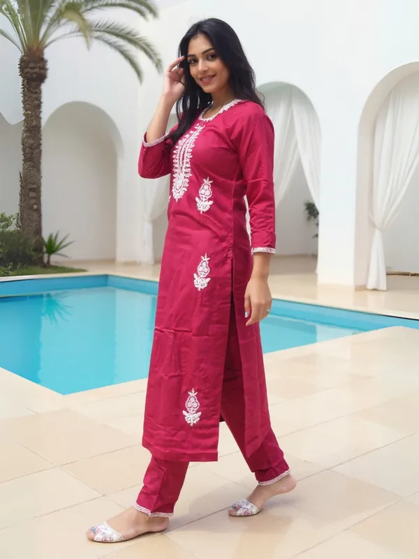 Maroon_Embroidered_Viscose_Rayon_Kurta_Trouser_Set