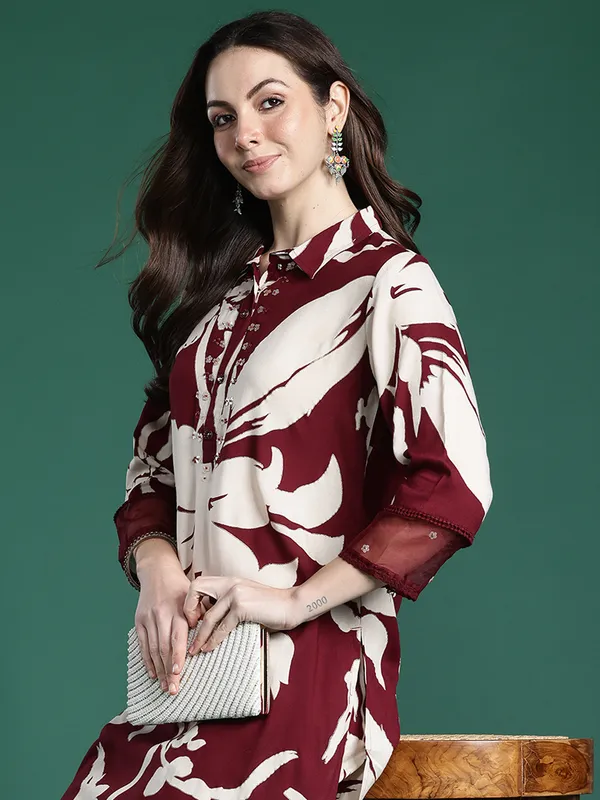 Maroon_Printed_Viscose_Rayon_Kurta_Trouser_Set