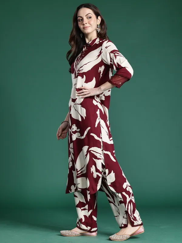Maroon_Printed_Viscose_Rayon_Kurta_Trouser_Set