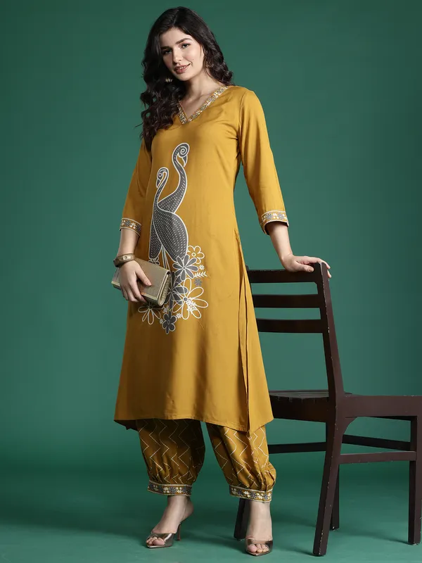 Mustard_Embroidered_Viscose_Rayon_Kurta_Trouser_Set