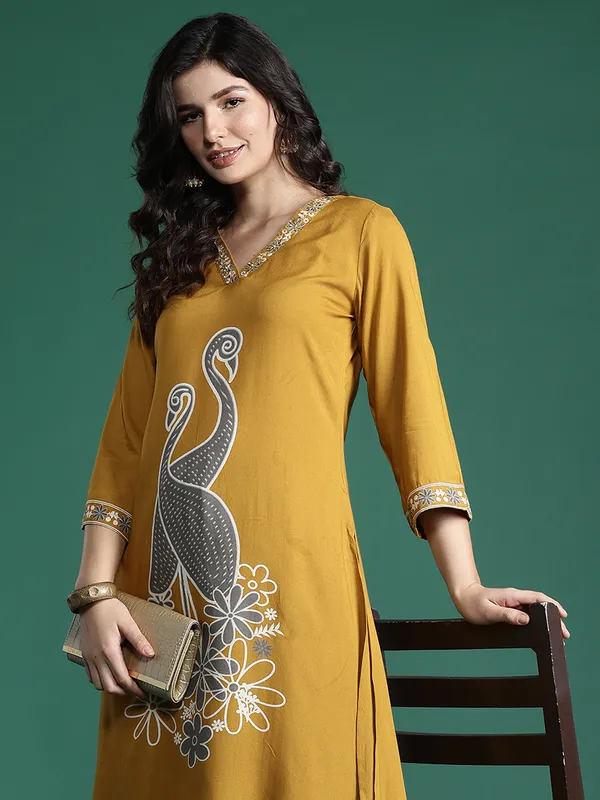 Mustard_Embroidered_Viscose_Rayon_Kurta_Trouser_Set