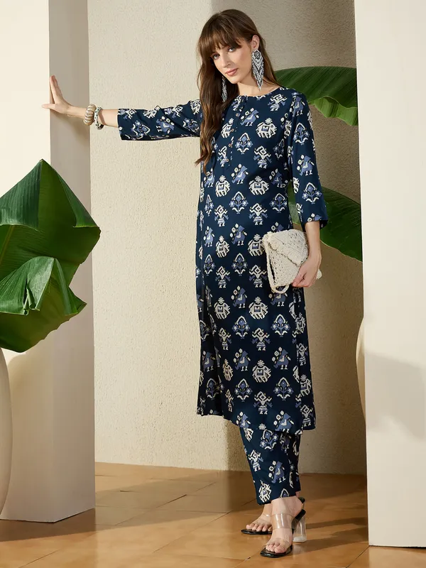 Navy_Blue_Printed_Viscose_Rayon_Kurta_Trouser_Set