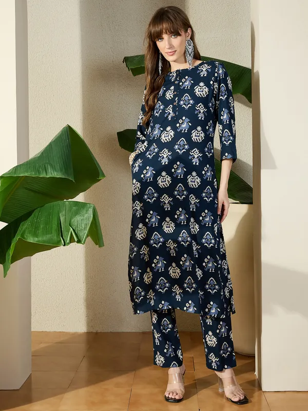 Navy_Blue_Printed_Viscose_Rayon_Kurta_Trouser_Set