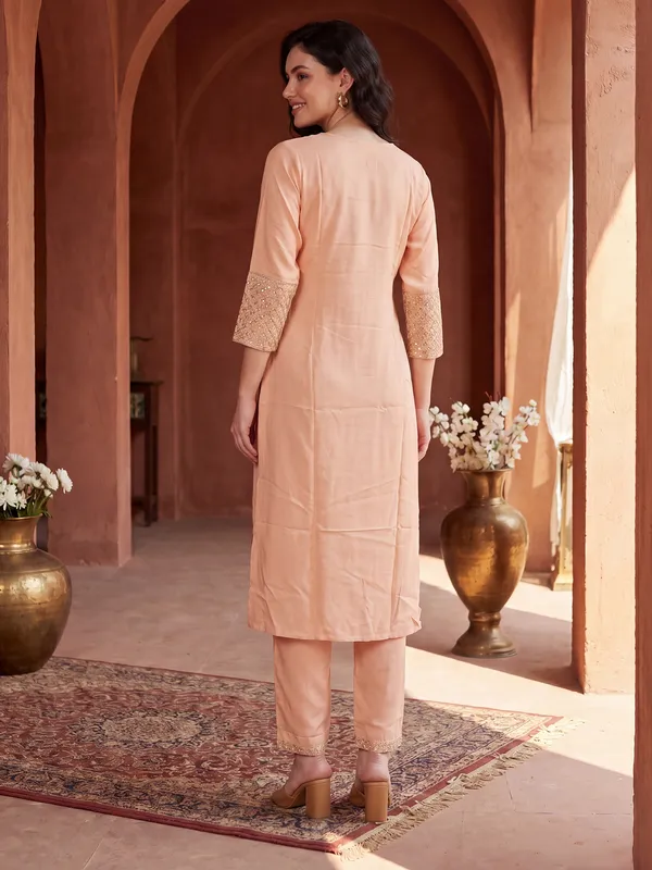 Peach_Embroidered_Viscose_Rayon_Kurta_Trouser_Set