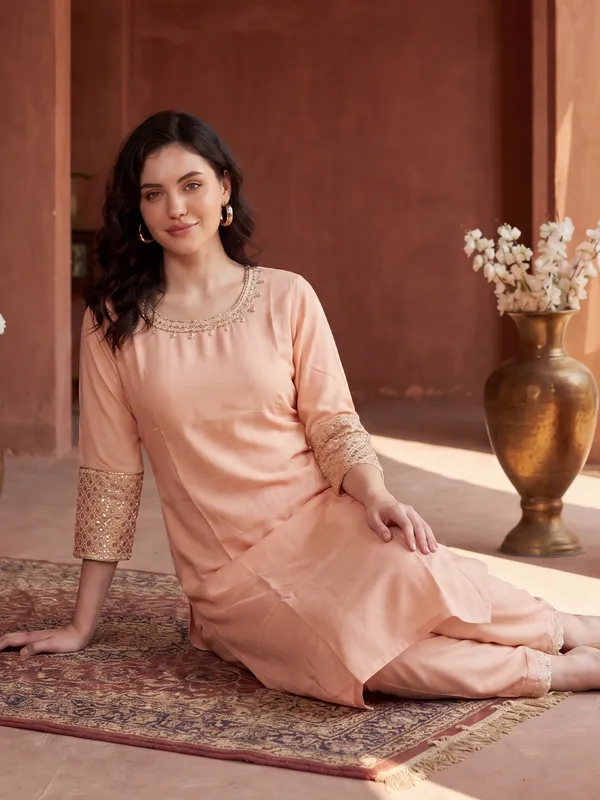 Peach_Embroidered_Viscose_Rayon_Kurta_Trouser_Set
