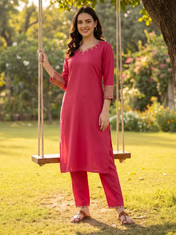 Pink_Embroidered_Viscose_Rayon_Kurta_Trouser_Set