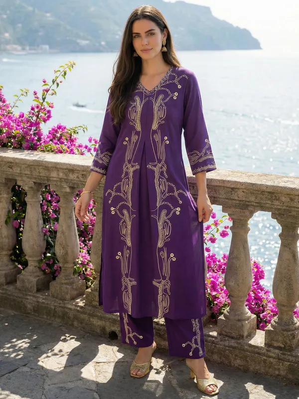Purple_Printed_Viscose_Rayon_Kurta_Trouser_Set