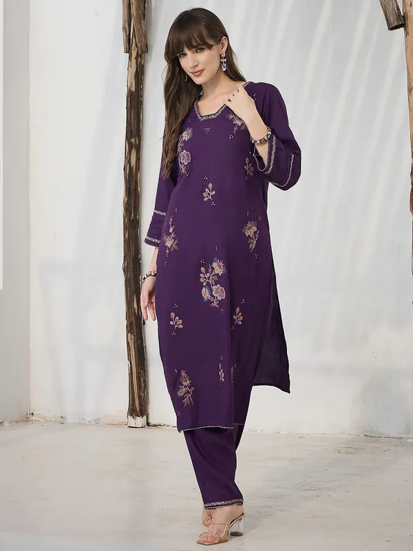 Purple_Embroidered_Viscose_Rayon_Kurta_Trouser_Set
