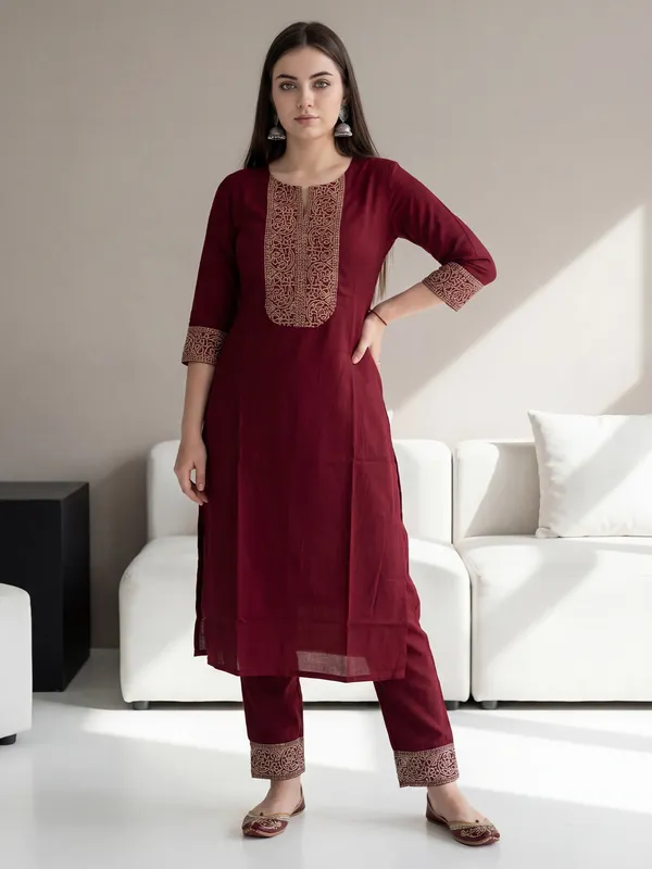 Red_Embroidered_Viscose_Rayon_Kurta_Trouser_Set