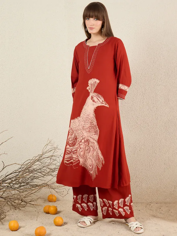 Orange_Embroidered_Viscose_Rayon_Kurta_Trouser_Set