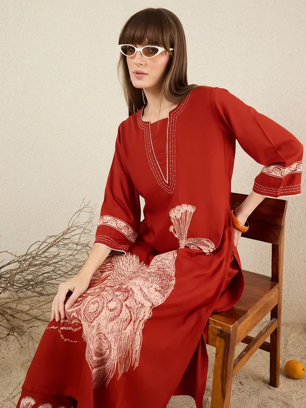 Orange_Embroidered_Viscose_Rayon_Kurta_Trouser_Set
