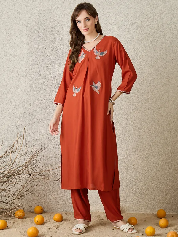 Orange_Embroidered_Viscose_Rayon_Kurta_Trouser_Set