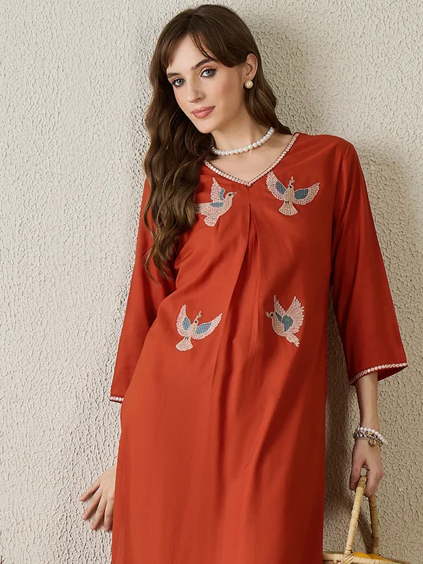 Orange_Embroidered_Viscose_Rayon_Kurta_Trouser_Set