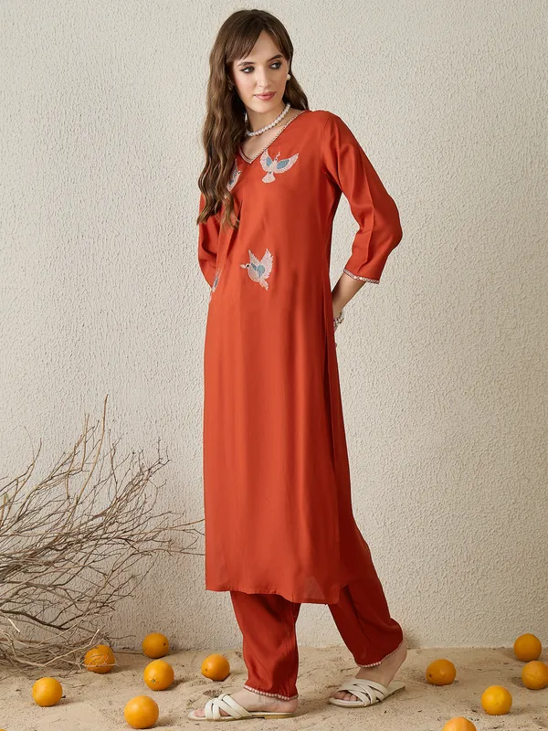 Orange_Embroidered_Viscose_Rayon_Kurta_Trouser_Set