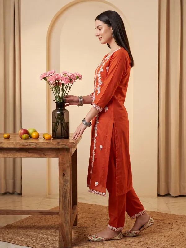 Orange_Embroidered_Viscose_Rayon_Kurta_Trouser_Set