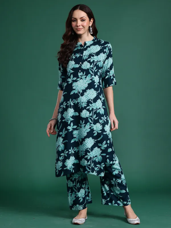 Teal_Printed_Viscose_Rayon_Kurta_Trouser_Set