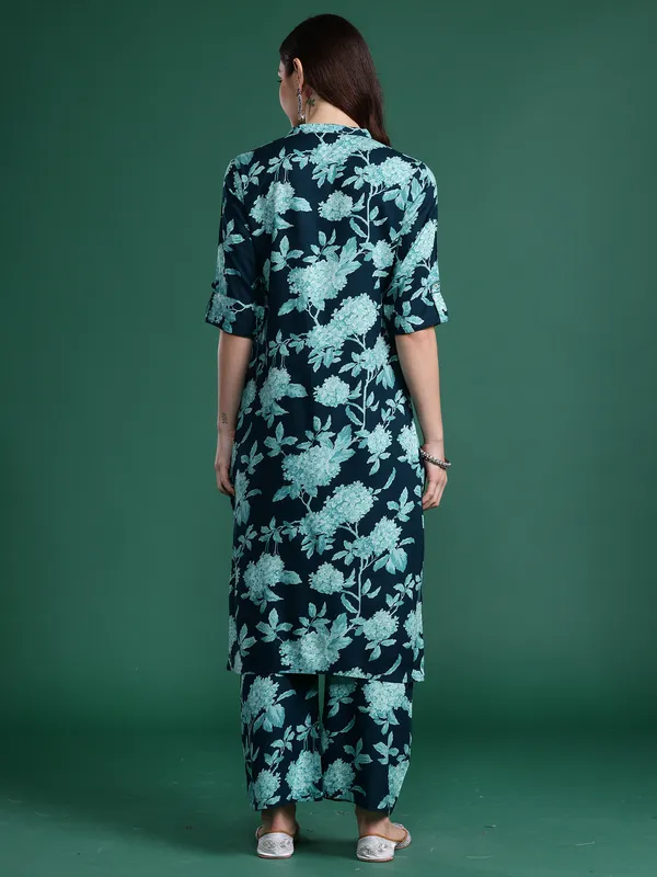 Teal_Printed_Viscose_Rayon_Kurta_Trouser_Set