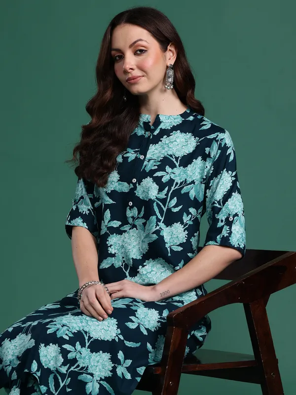 Teal_Printed_Viscose_Rayon_Kurta_Trouser_Set