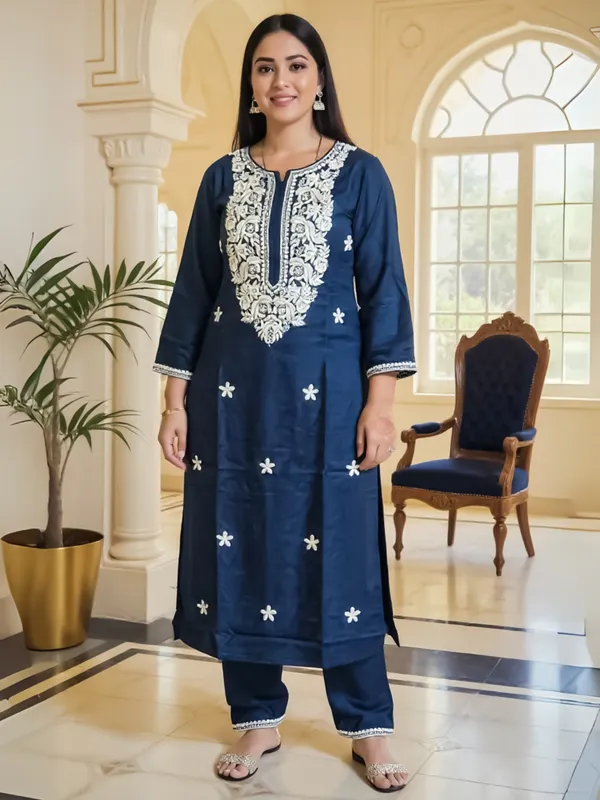 Teal_Embroidered_Viscose_Rayon_Kurta_Trouser_Set