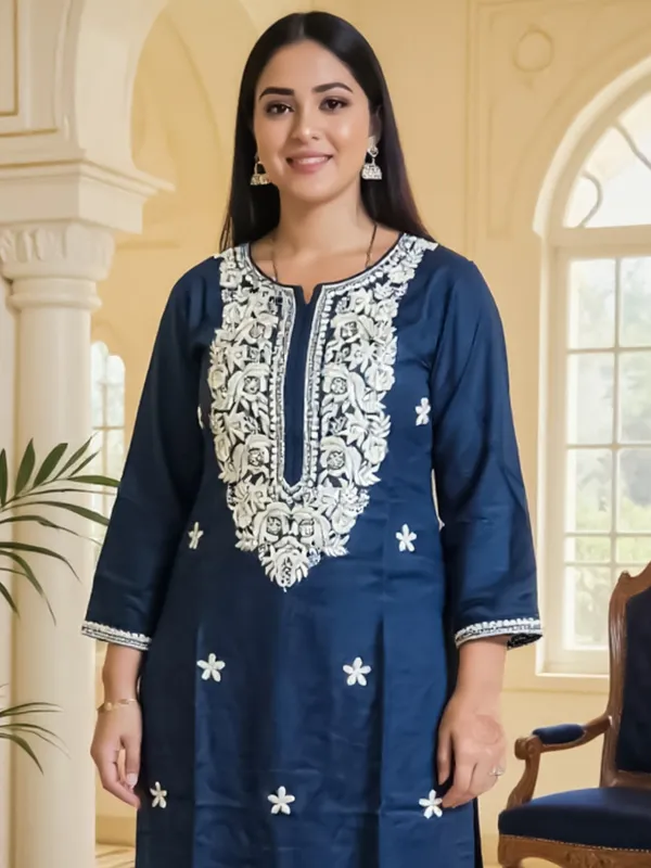 Teal_Embroidered_Viscose_Rayon_Kurta_Trouser_Set
